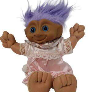 Vintage 1991 Treasure Troll Tots Doll with Purple Hair and Belly Jewel in Pink S